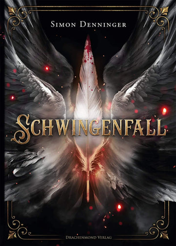 In der Mitte des Covers befindet sich eine weiße Feder mit blutiger Spitze umgeben von weißen Engelsschwingen. Der Titel des Buches ist davor zu sehen. Der Hintergrund des Covers ist dunkel. Umgeben ist alles von einem dünnen, goldenen Zierrahmen.